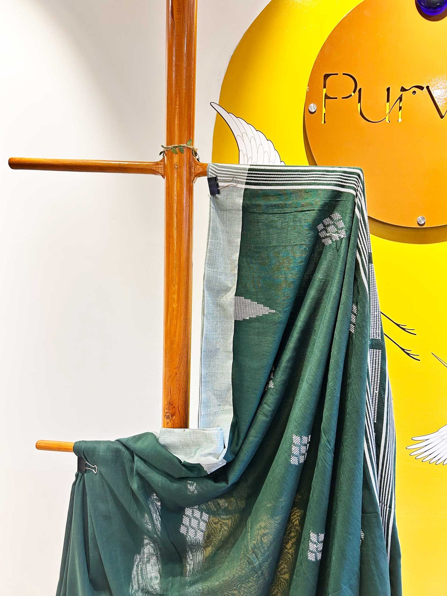 Hand-Stitched Kantha Bottle Green Saree - Organic Khadi Linen