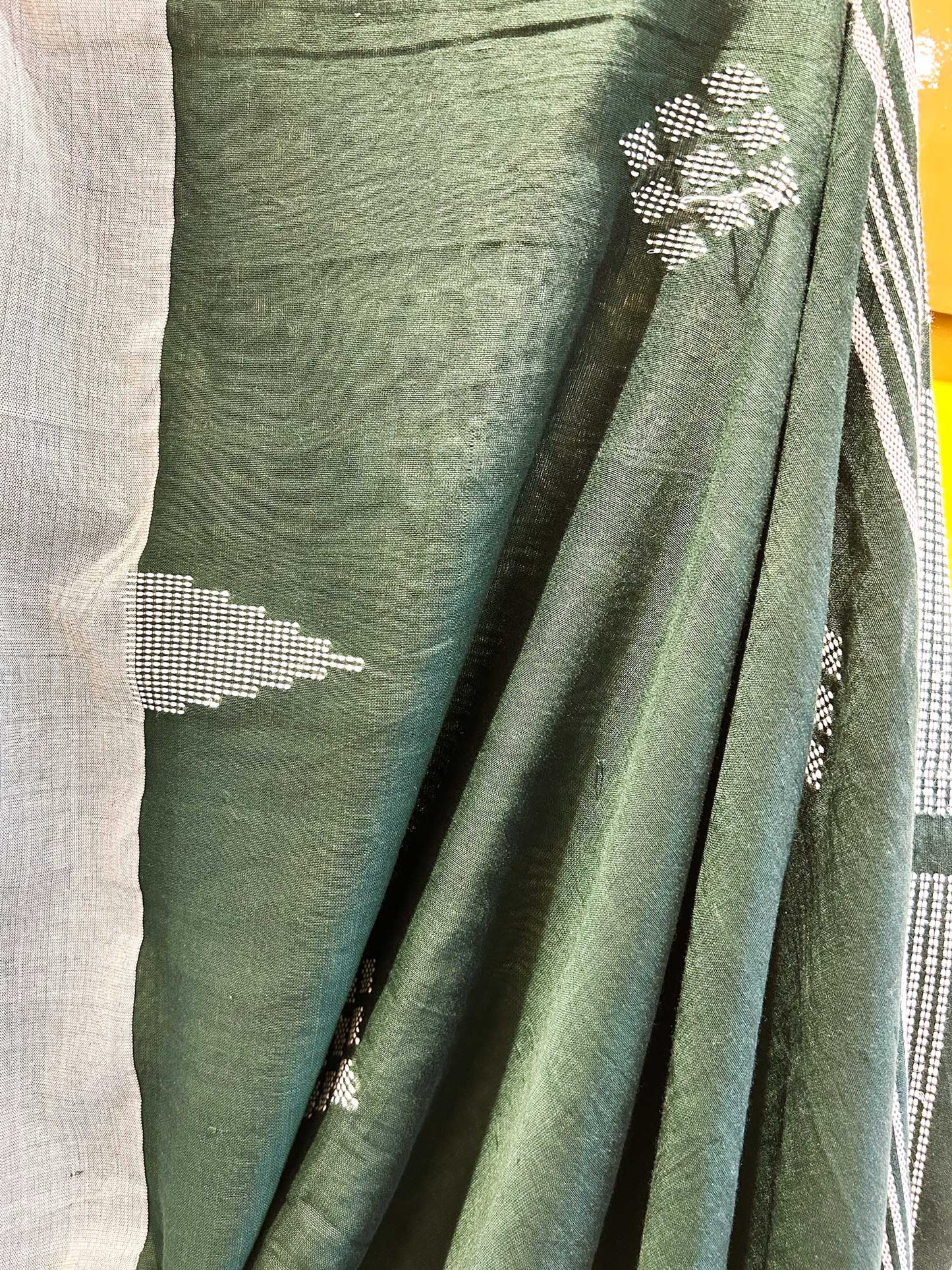 Hand-Stitched Kantha Bottle Green Saree - Organic Khadi Linen