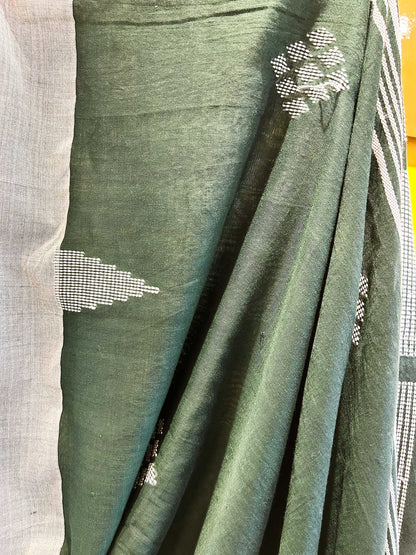 Hand-Stitched Kantha Bottle Green Saree - Organic Khadi Linen