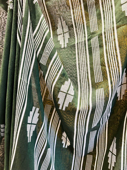 Hand-Stitched Kantha Bottle Green Saree - Organic Khadi Linen