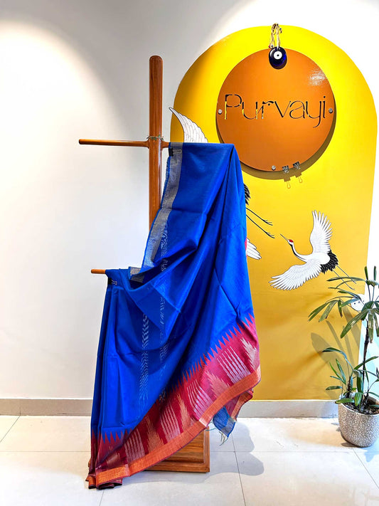 Royal Blue Temple Saree with Contrast Maroon Pallu - Raw Silk