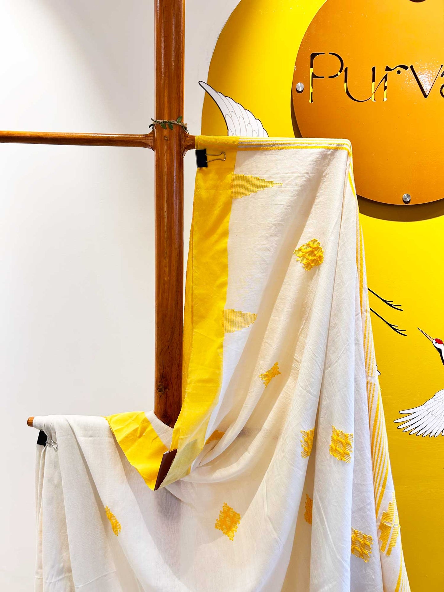 Hand-Stitched Kantha White Saree - Organic Khadi Linen