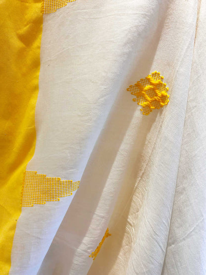 Hand-Stitched Kantha White Saree - Organic Khadi Linen