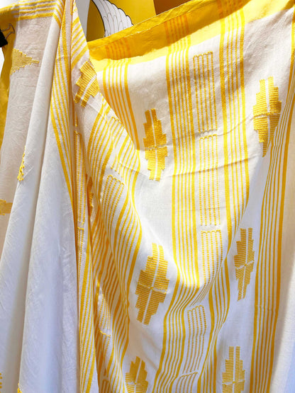 Hand-Stitched Kantha White Saree - Organic Khadi Linen