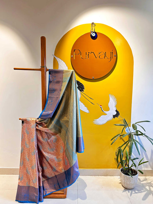 Deep Orange Rasipuram Silk Traditional Handloom Saree with Blue Contrast border