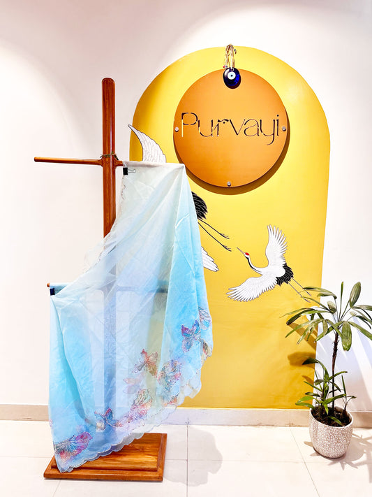 Butterfly beads Organza Saree - Powder Blue