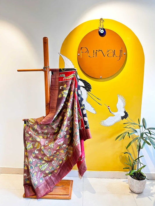 Handprinted Flower Motifs Copper Kalamkari Saree - Pure Tussar Silk