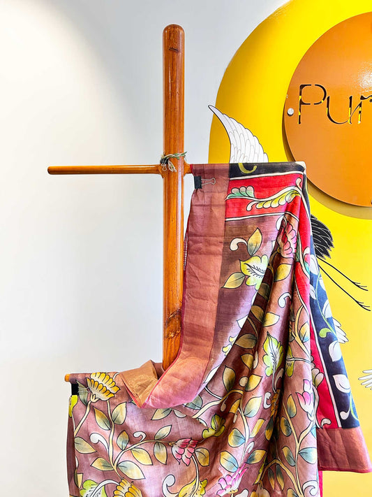 Handprinted Flower Motifs Copper Kalamkari Saree - Pure Tussar Silk