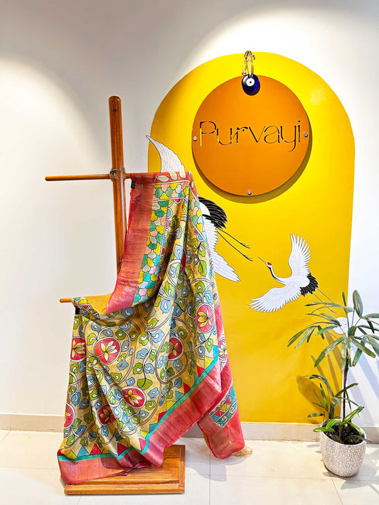 Handprinted Flower Motifs Mustard Yellow Kalamkari Saree - Pure Tussar Silk