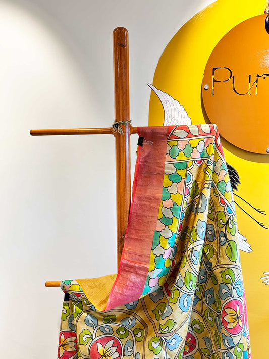 Handprinted Flower Motifs Mustard Yellow Kalamkari Saree - Pure Tussar Silk