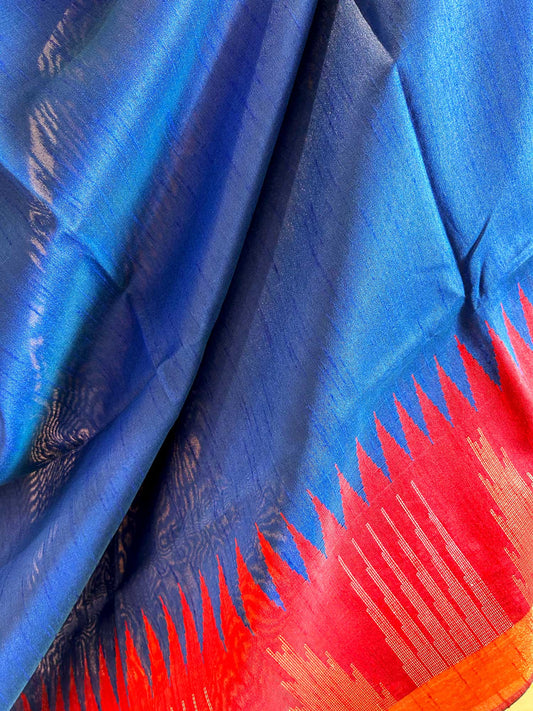 Royal Blue Temple Saree with Contrast Maroon Pallu - Raw Silk
