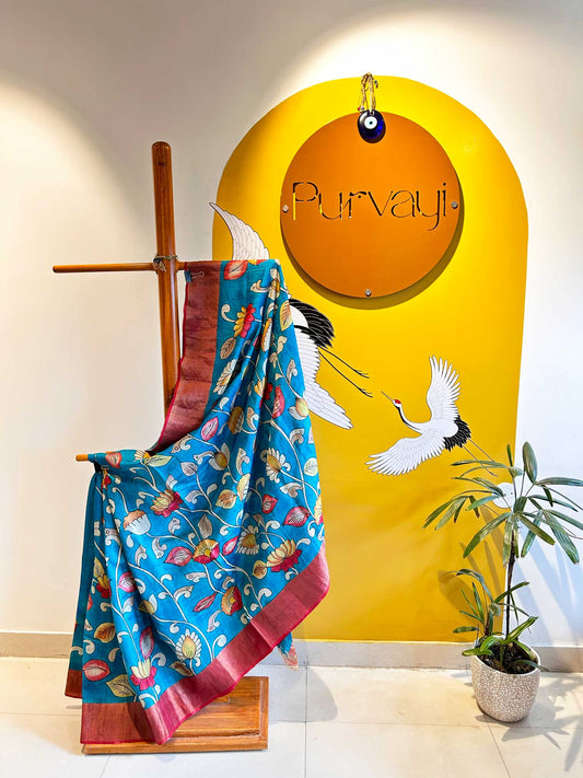 Handprinted Flower Motifs Blue Kalamkari Saree - Pure Tussar Silk