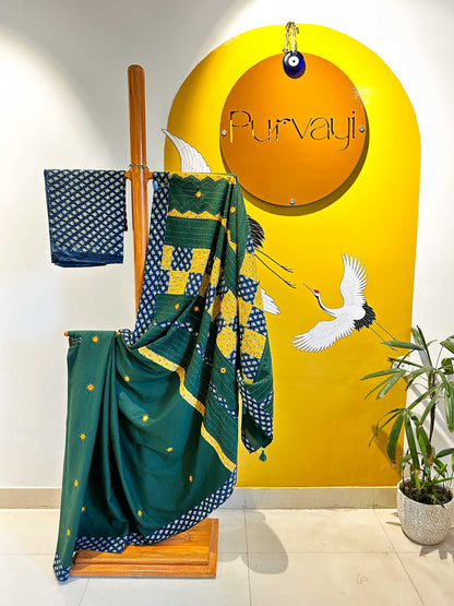 Handblock Ajrak Patchwork and Mirror-work Green Saree - Pure cotton