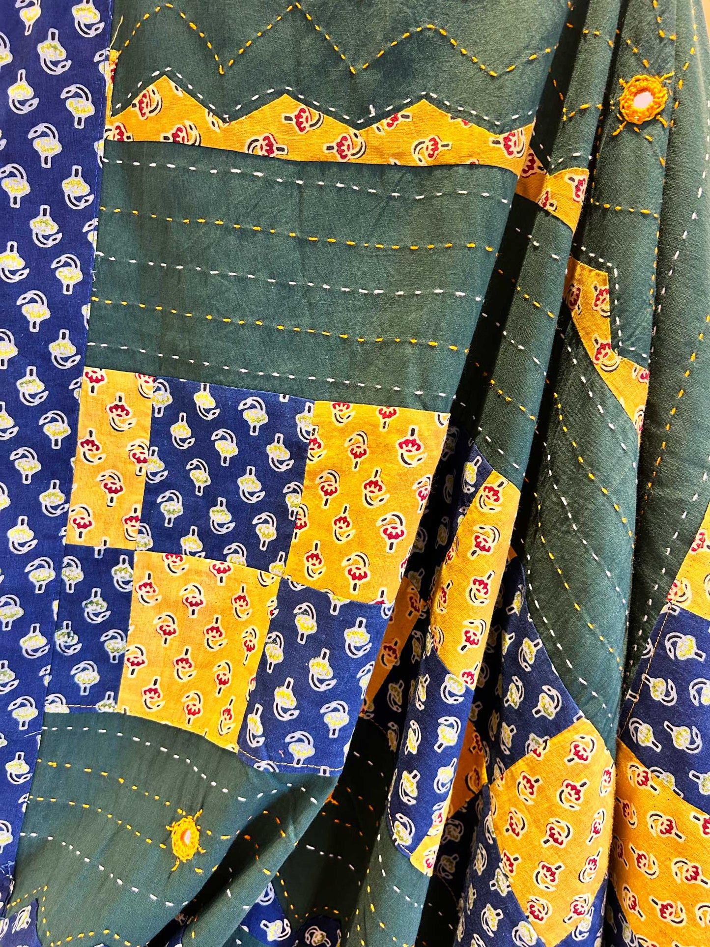 Handblock Ajrak Patchwork and Mirror-work Green Saree - Pure cotton
