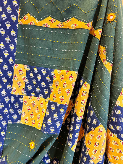 Handblock Ajrak Patchwork and Mirror-work Green Saree - Pure cotton