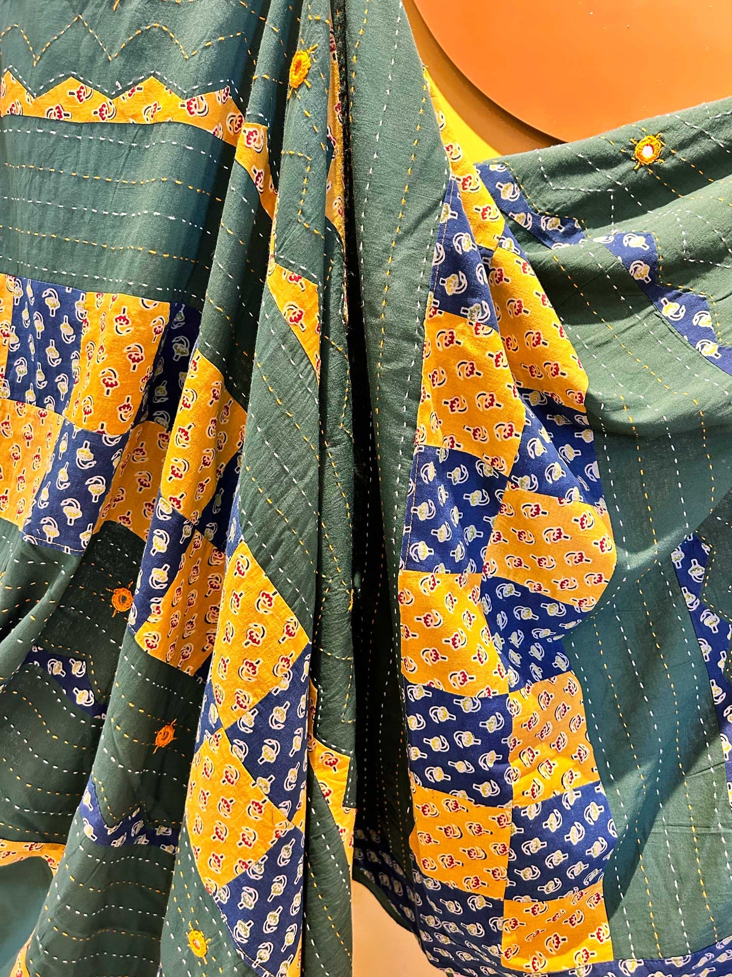 Handblock Ajrak Patchwork and Mirror-work Green Saree - Pure cotton
