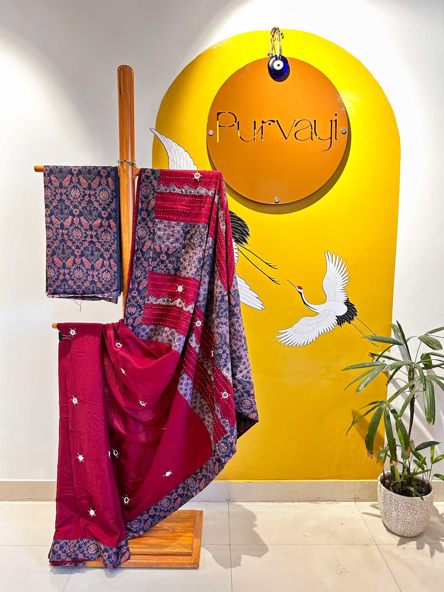 Handblock Ajrak Patchwork and Mirror-work Maroon Saree - Pure cotton