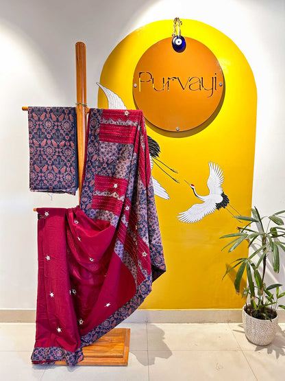 Handblock Ajrak Patchwork and Mirror-work Maroon Saree - Pure cotton