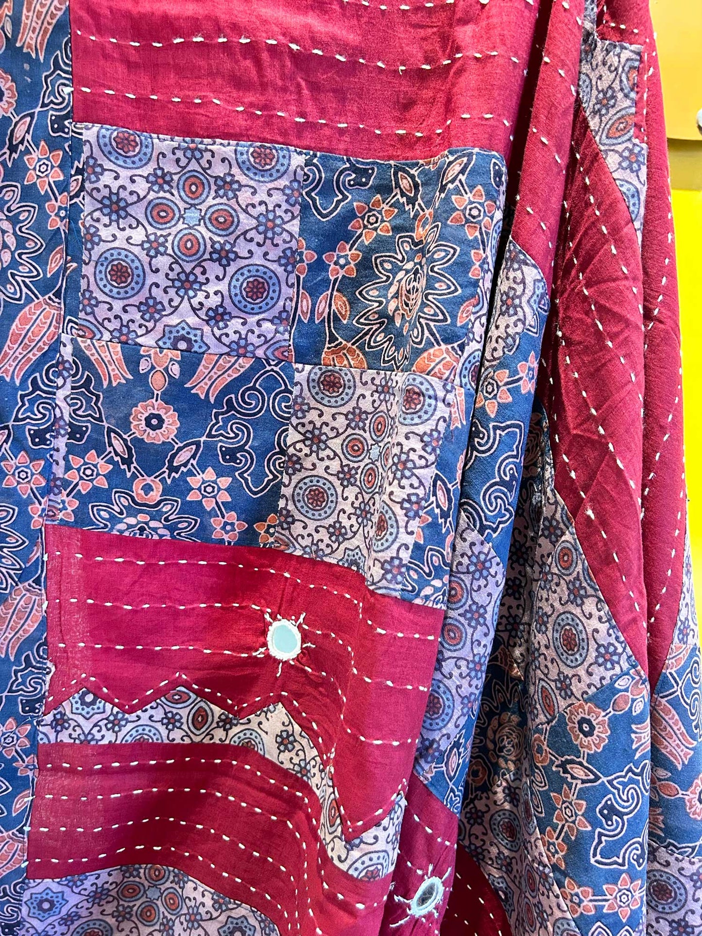 Handblock Ajrak Patchwork and Mirror-work Maroon Saree - Pure cotton