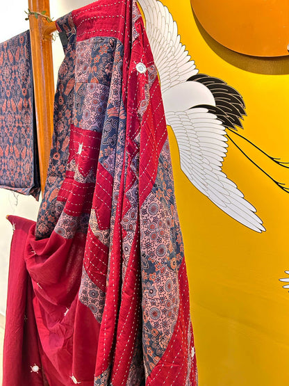Handblock Ajrak Patchwork and Mirror-work Maroon Saree - Pure cotton