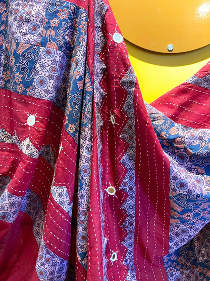 Handblock Ajrak Patchwork and Mirror-work Maroon Saree - Pure cotton