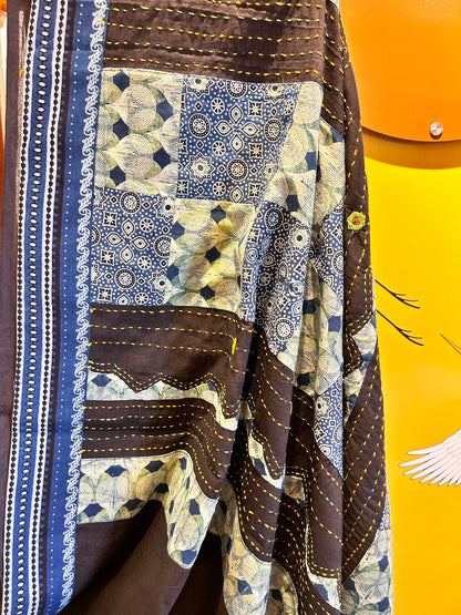 Handblock Ajrak Patchwork and Mirror-work Black Saree - Pure cotton