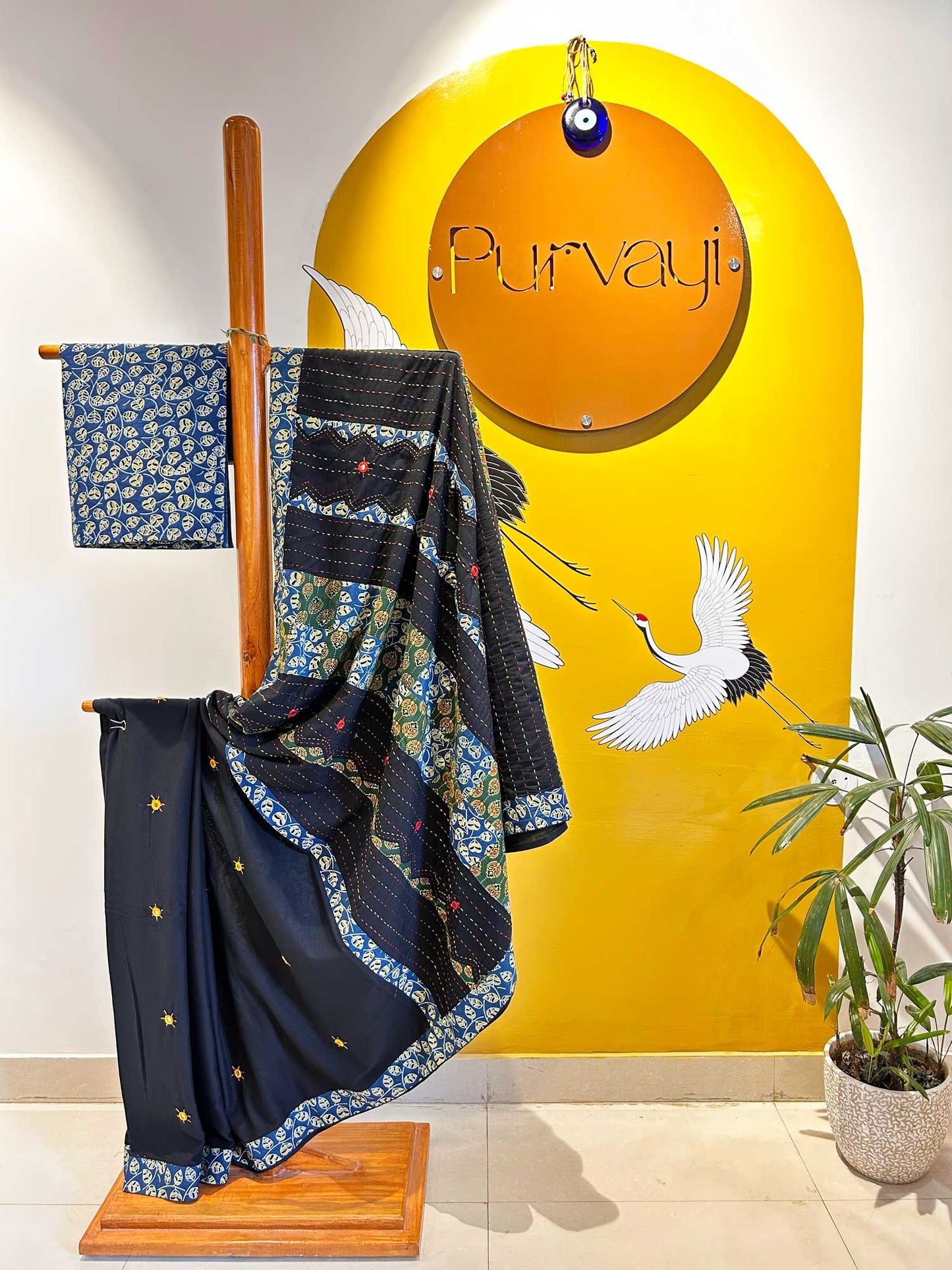 Handblock Ajrak Patchwork and Mirror-work Black Saree - Pure cotton
