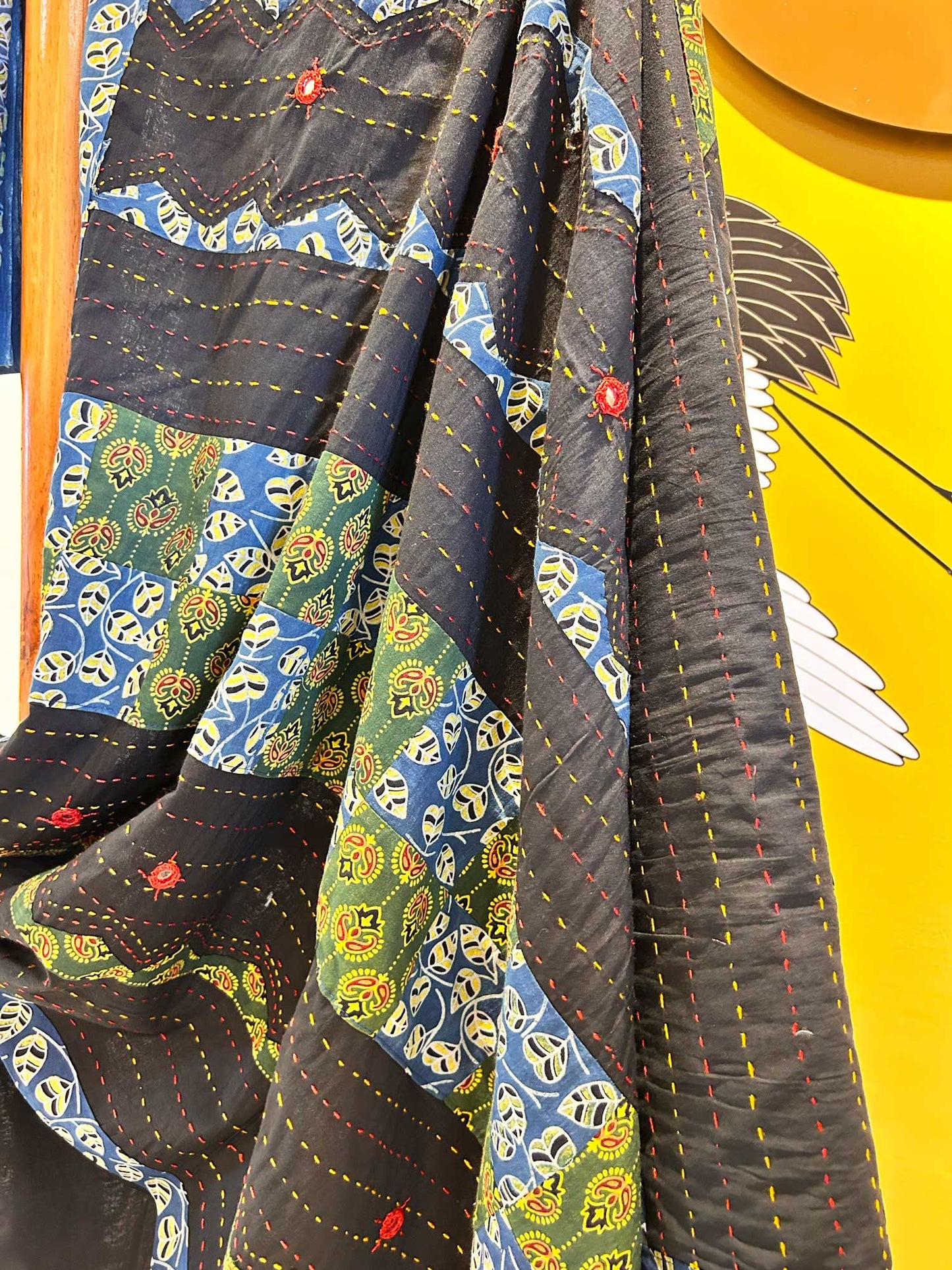 Handblock Ajrak Patchwork and Mirror-work Black Saree - Pure cotton