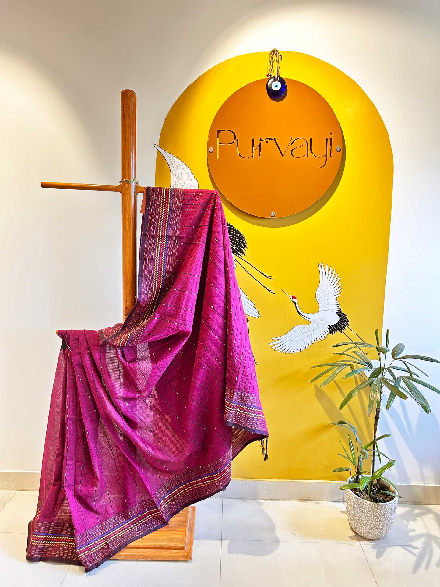 Hand-Stitched Kantha Magenta Saree - Organic Khadi