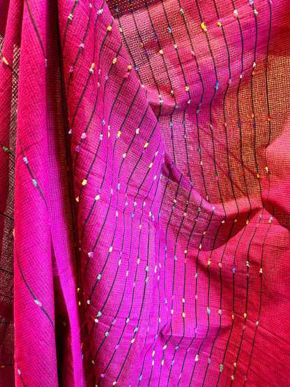 Hand-Stitched Kantha Magenta Saree - Organic Khadi