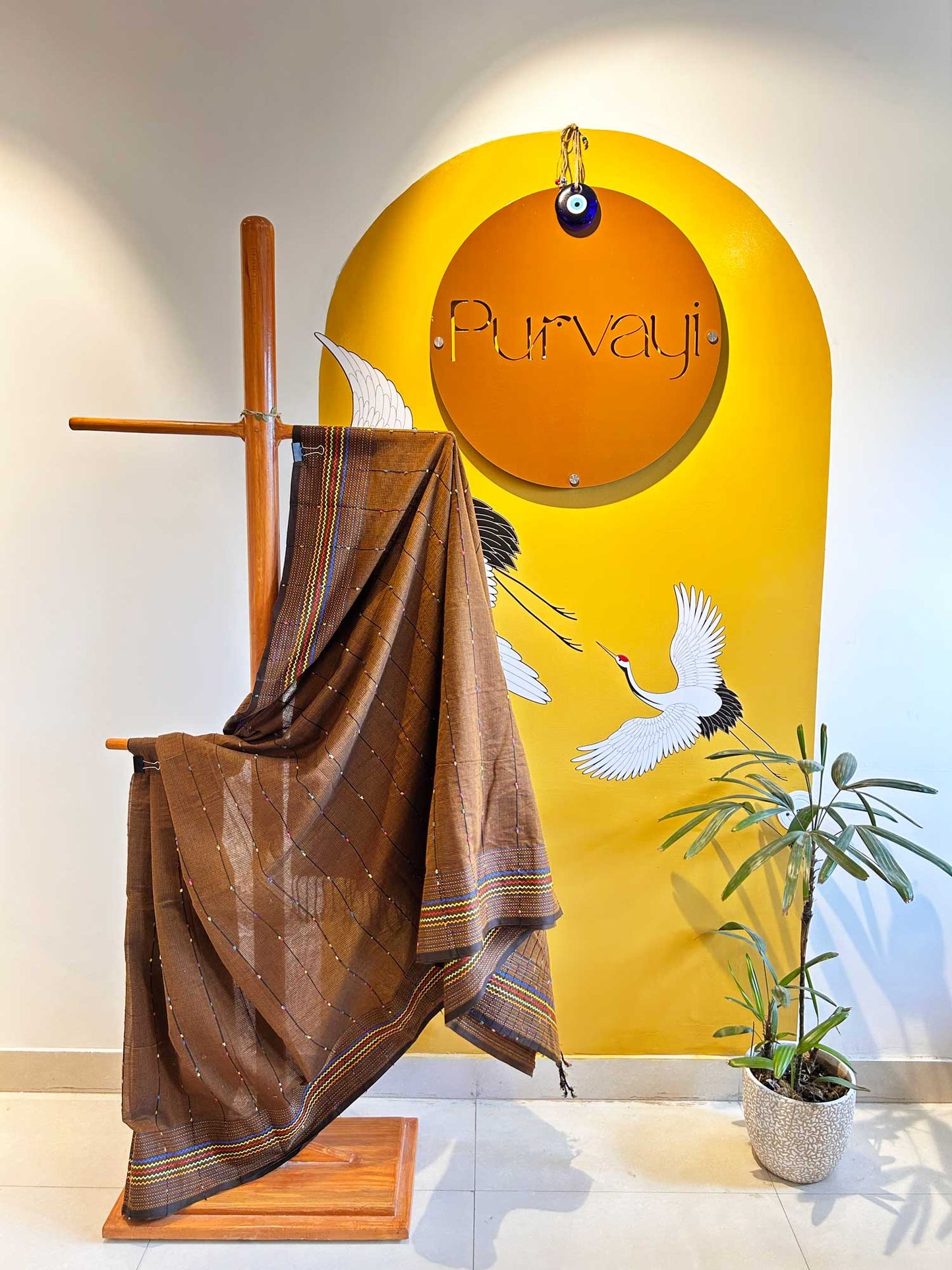 Hand-Stitched Kantha Coffee Brown Saree - Organic Khadi