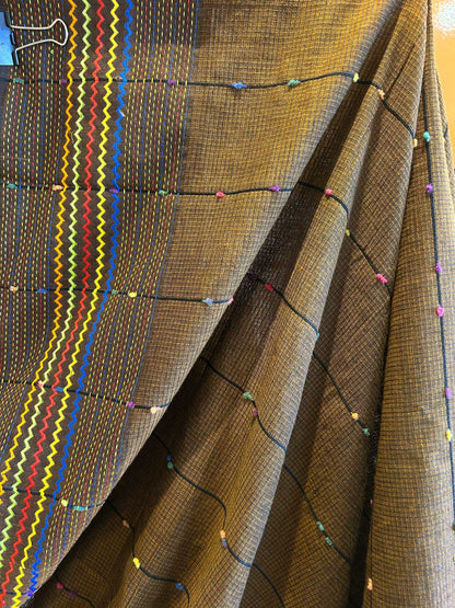 Hand-Stitched Kantha Coffee Brown Saree - Organic Khadi