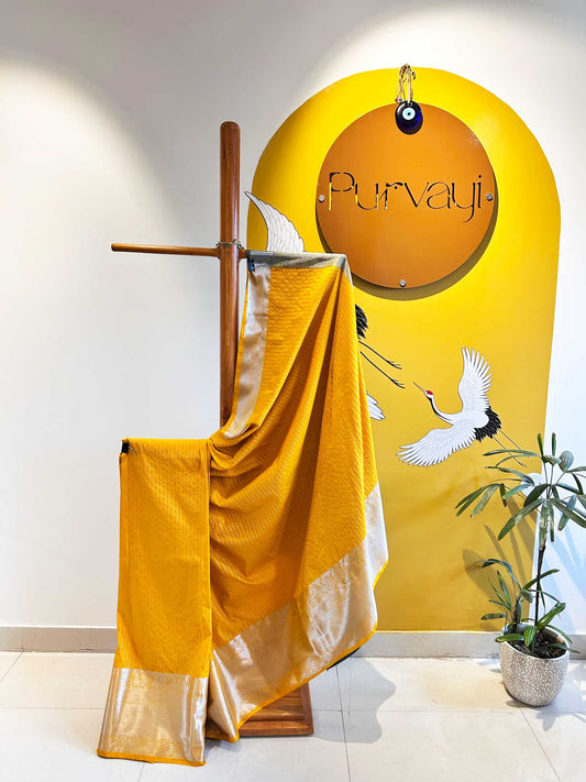 Marigold Yellow Rasipuram Silk Saree with Grey Contrast Pallu and Blouse