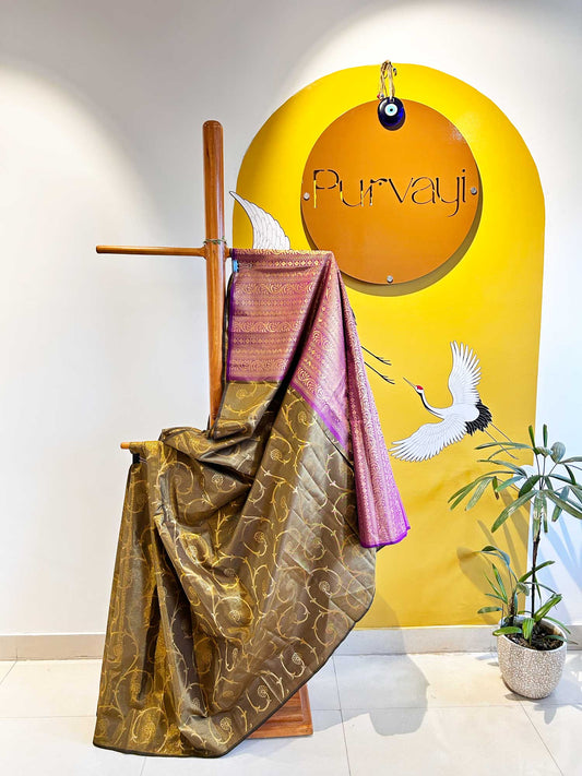 Golden Semi Soft Silk Saree with Mauve Contrast Pallu