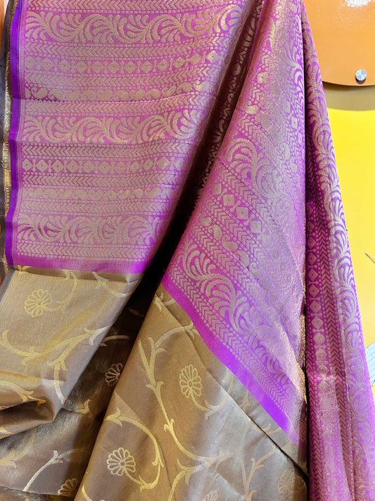 Golden Semi Soft Silk Saree with Mauve Contrast Pallu