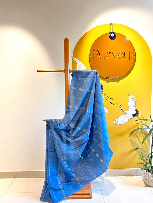 Denim Blue Saree with Threadwork and Contrast Grandma Gray Pallu - Silk Cotton