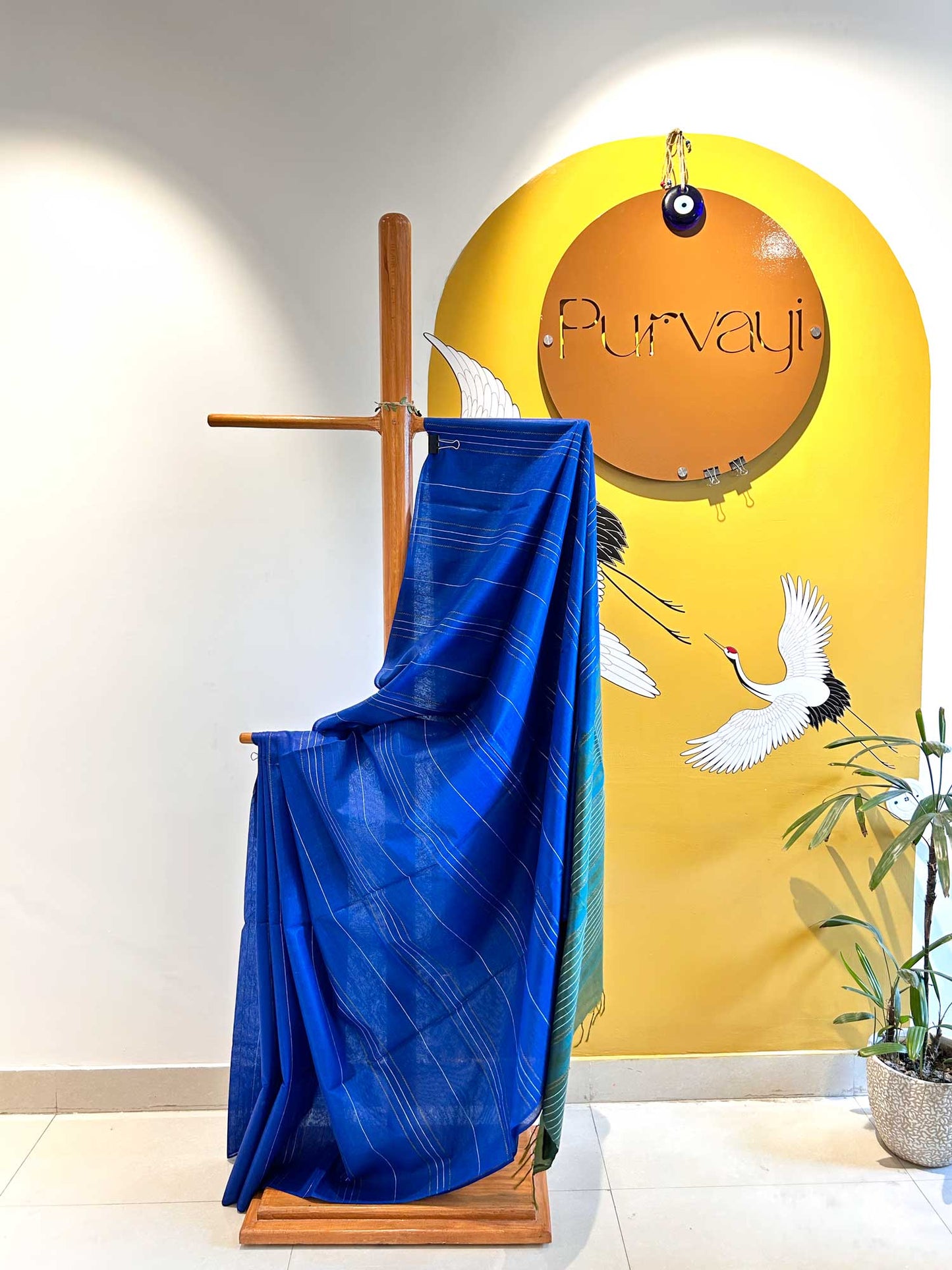 Bright Blue Saree with Threadwork and Contrast Bottle Green Pallu - Silk Cotton