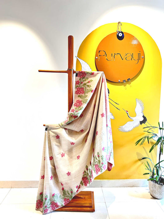 Creamy Beige Saree with Floral Threadwork and Contrast Pink Blouse - Tussar Silk Cotton