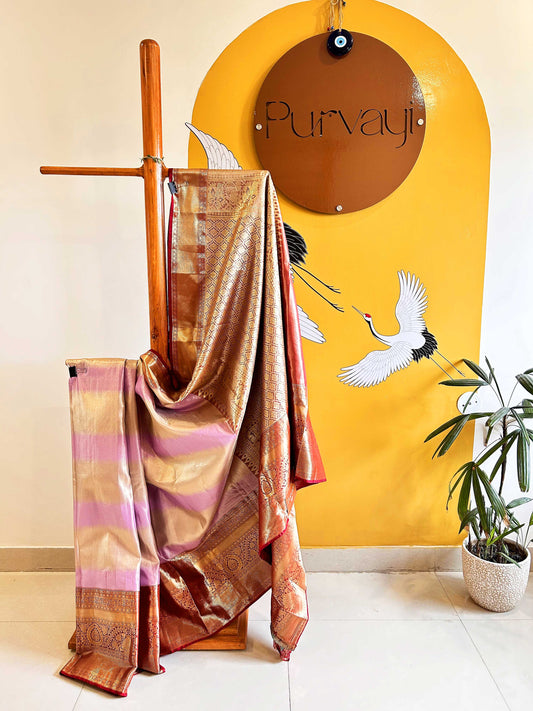 Pink Golden Stripes Rasipuram Silk Traditional Handloom Saree with Maroon Contrast border