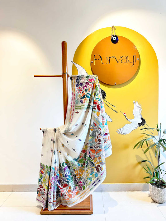 Colorful Butterfy Hand-Stitched Kantha White Saree - Bangalorean Silk