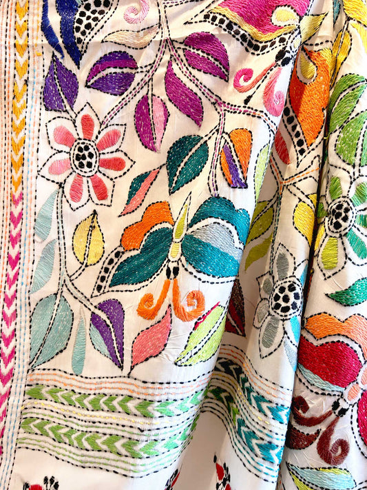 Colorful Butterfy Hand-Stitched Kantha White Saree - Bangalorean Silk
