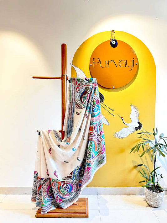 Colorful Fish Hand-Stitched Kantha White Saree - Bangalorean Silk