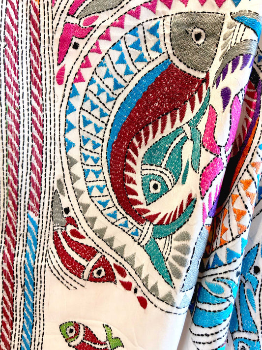 Colorful Fish Hand-Stitched Kantha White Saree - Bangalorean Silk