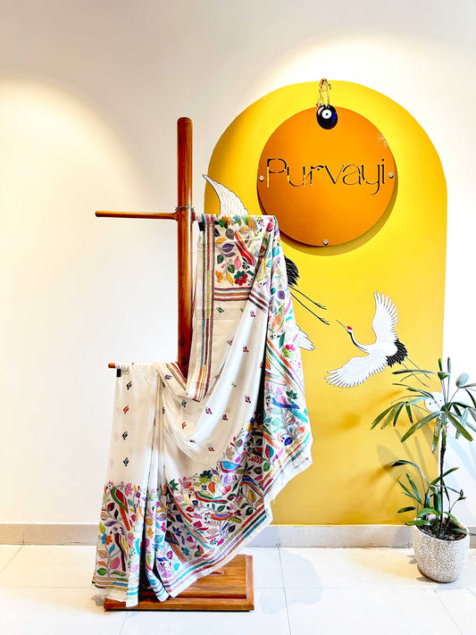 Colorful Bird Hand-Stitched Kantha White Saree - Bangalorean Silk