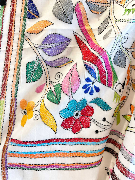 Colorful Bird Hand-Stitched Kantha White Saree - Bangalorean Silk