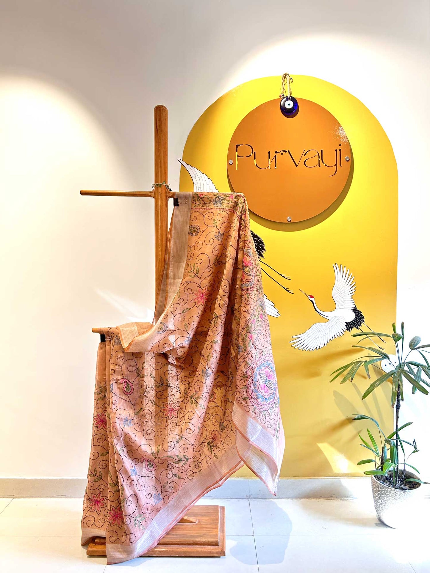 Hand-Stitched Kantha Onion Pink Saree - Organic Linen Khadi