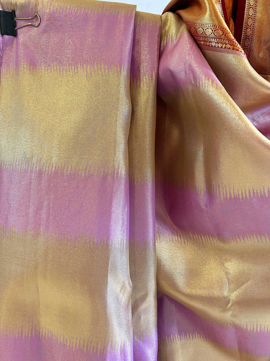 Pink Golden Stripes Rasipuram Silk Traditional Handloom Saree with Maroon Contrast border