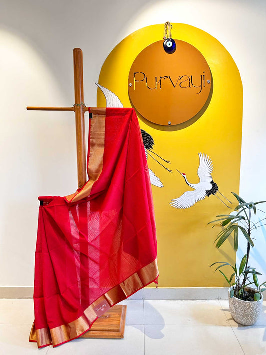 Red Golden Dual tone with Golden Zari Border - Tissue Silk