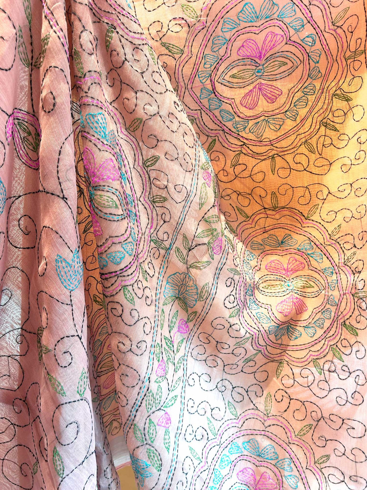 Hand-Stitched Kantha Onion Pink Saree - Organic Linen Khadi