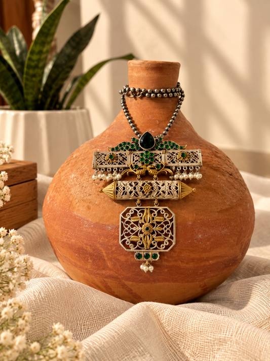 Saanjh - Emerald Oxidised Statement Necklace